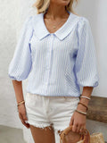 Striped Button Down 3/4 Sleeve Shirt - Trendsi - Flyclothing LLC