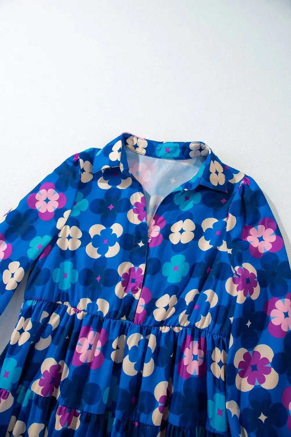 Printed Collared Neck Long Sleeve Midi Dress - Trendsi - Flyclothing LLC