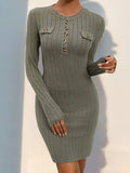 Decorative Button Round Neck Long Sleeve Dress - Trendsi - Flyclothing LLC