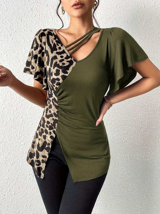 Ruched Leopard Flutter Sleeve T-Shirt - Trendsi - Flyclothing LLC