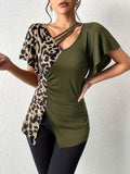 Ruched Leopard Flutter Sleeve T-Shirt - Trendsi - Flyclothing LLC