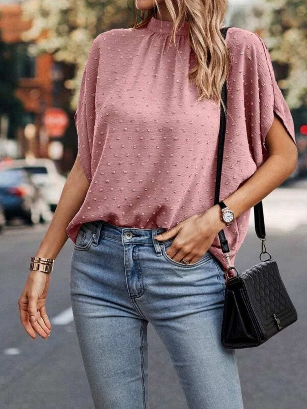 Swiss Dot Mock Neck Half Sleeve Blouse - Trendsi - Flyclothing LLC