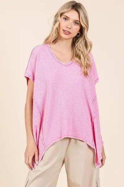 Mittoshop Mineral Wash Waffle Knit Pointed Hem Oversized Top - Trendsi - Flyclothing LLC