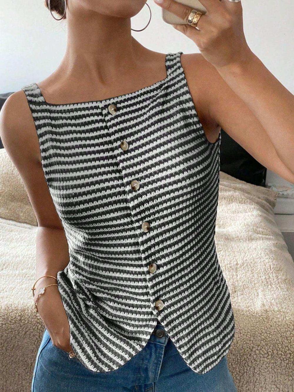 Button Down Striped Tank - Trendsi - Flyclothing LLC