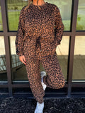 Striped Trim Leopard Long Sleeve Top Drawstring Pant Set - Trendsi - Flyclothing LLC