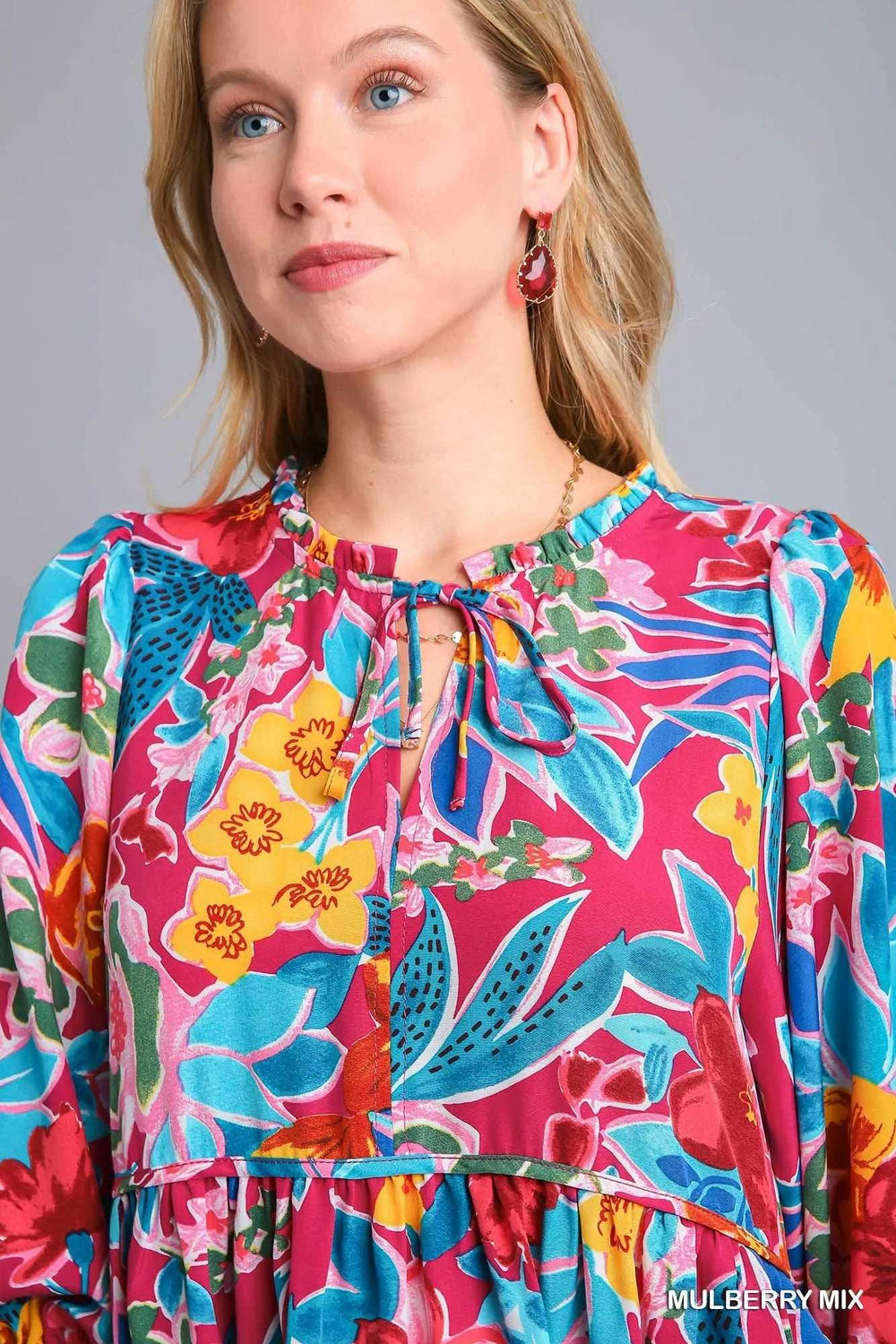 Umgee Full Size Floral Print Tie Neck Midi Dress with Pockets Plus Size - Trendsi - Flyclothing LLC