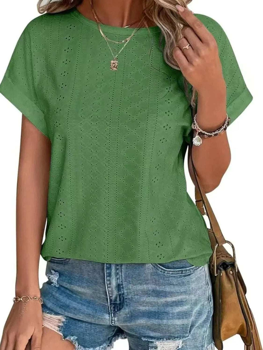 Eyelet Round Neck Short Sleeve Top - Trendsi - Flyclothing LLC