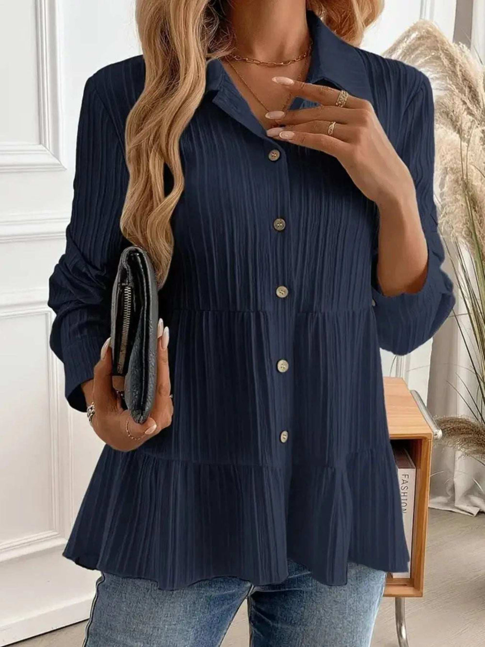 Striped Button-Down Tiered Shirt - Trendsi - Flyclothing LLC