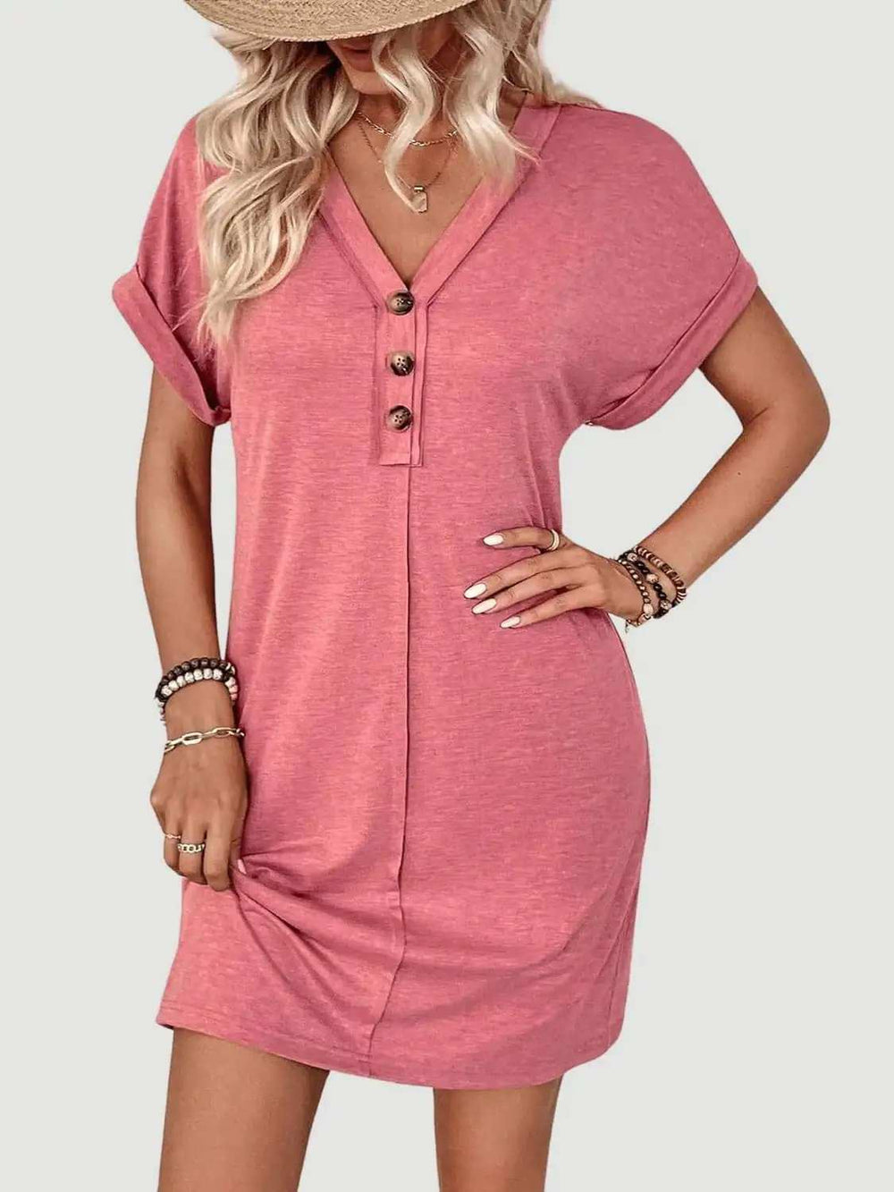 Quarter Button V-Neck Short Sleeve Dress - Trendsi - Flyclothing LLC