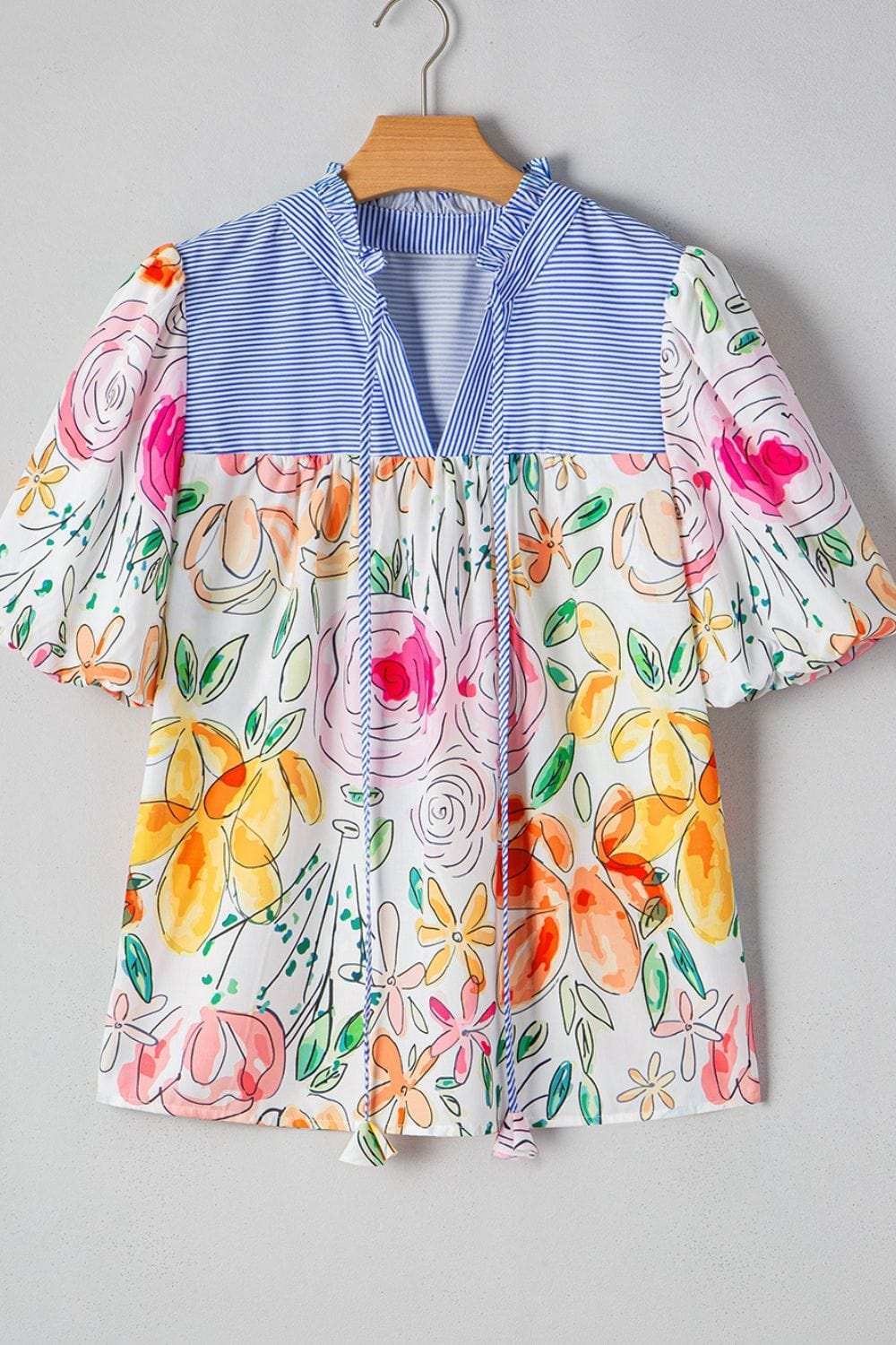 Floral Striped Yoke Frilled Tie Neck Puff Short Sleeve Blouse - Trendsi - Flyclothing LLC
