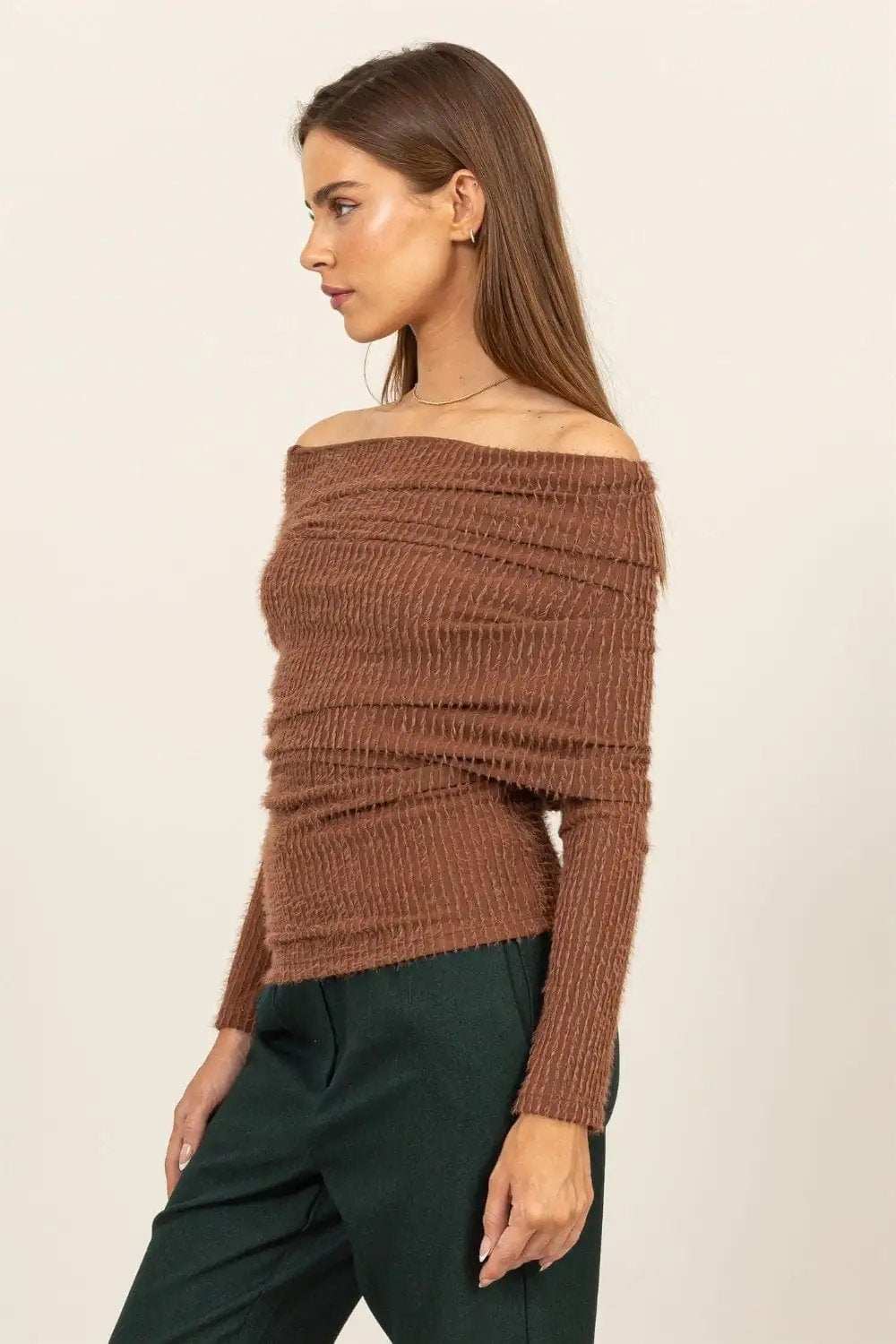 HYFVE Fuzzy Off Shoulder Textured Knit Top - Trendsi - Flyclothing LLC