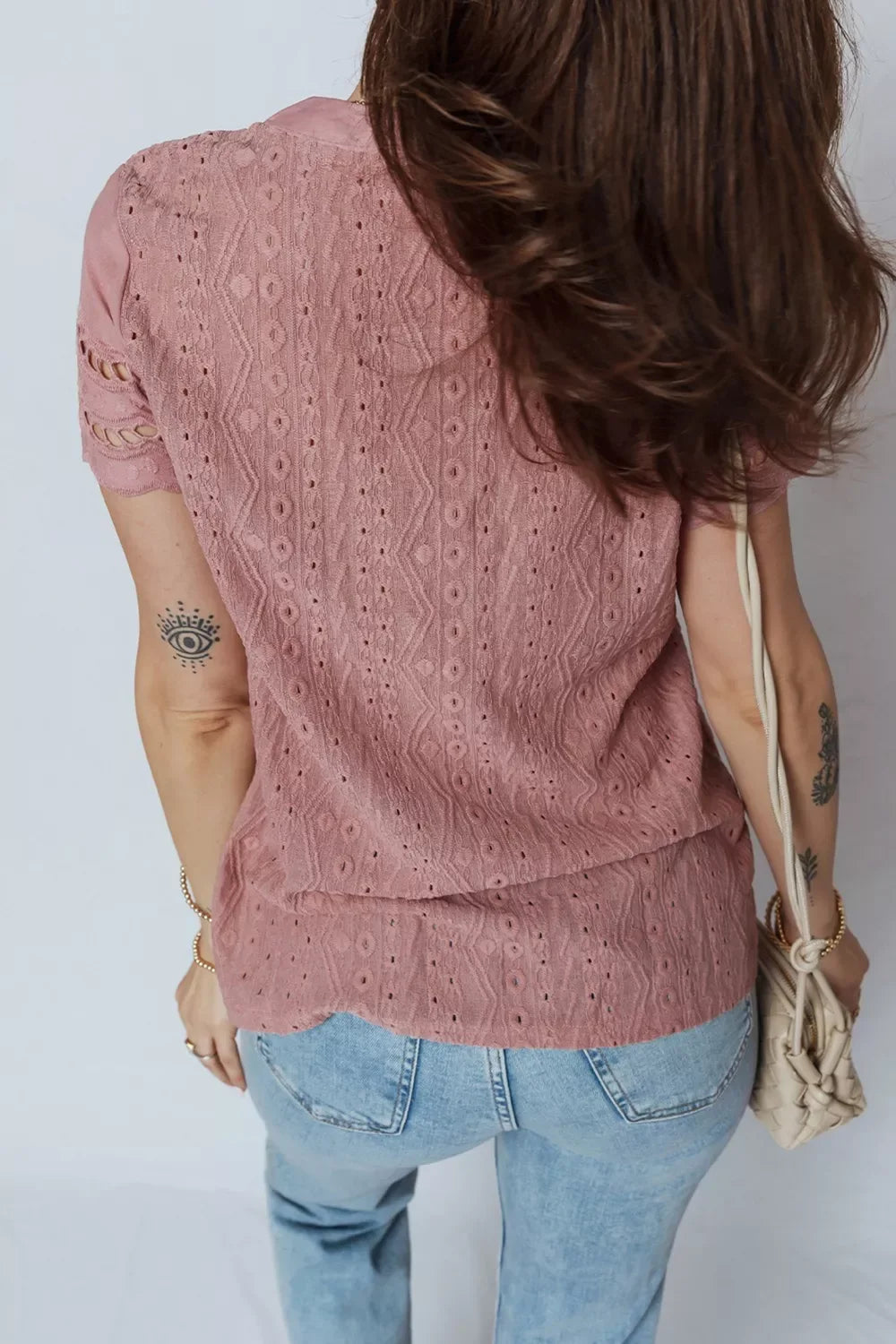 Textured Embroidered Half Buttons Short Sleeve Blouse - Trendsi - Flyclothing LLC