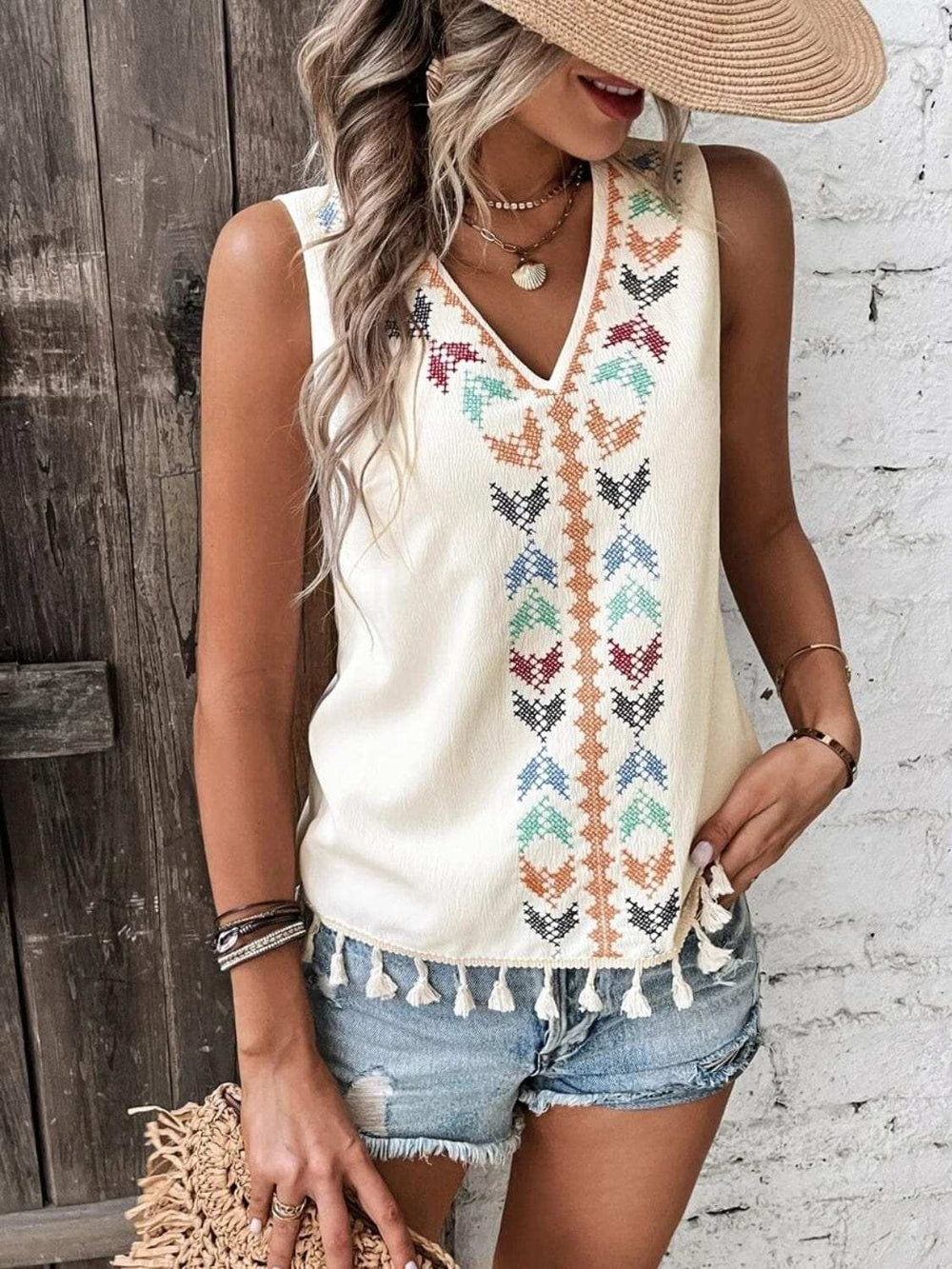 Tassel Printed V-Neck Tank - Trendsi - Flyclothing LLC