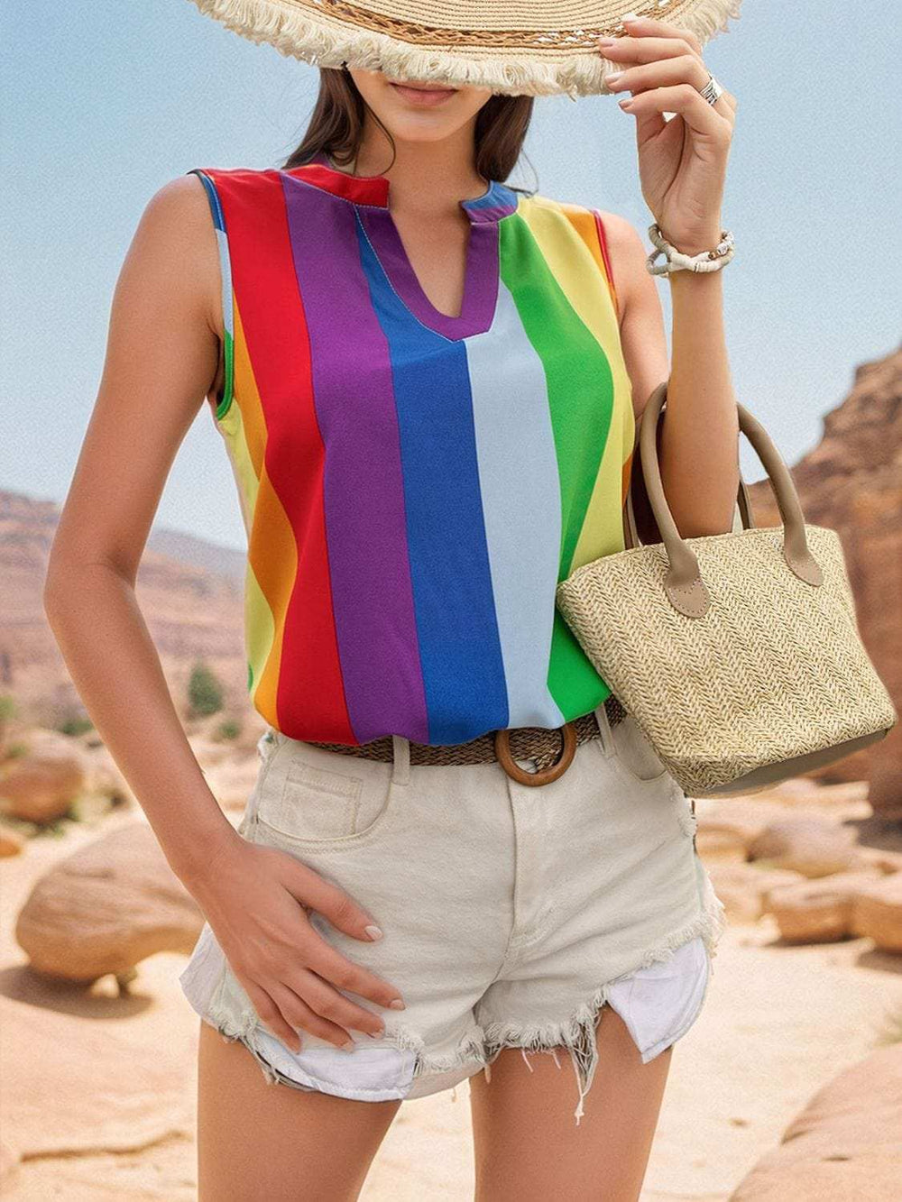 Color Block Notched Sleeveless Top - Trendsi - Flyclothing LLC
