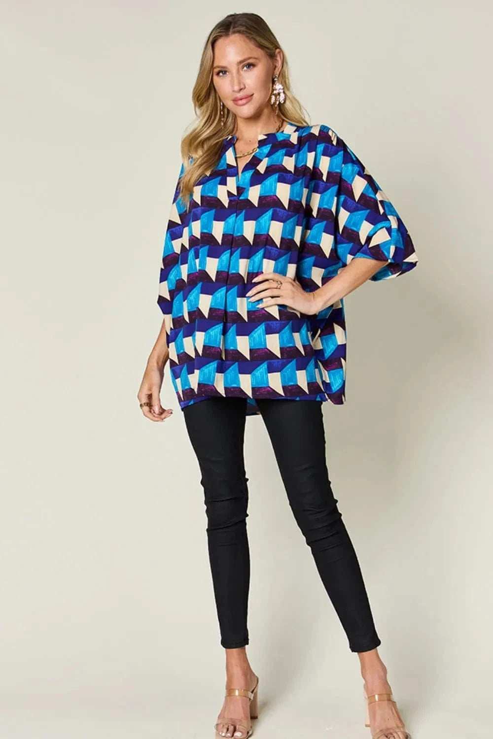Double Take Full Size Geometric Notched Half Sleeve Blouse - Trendsi - Flyclothing LLC