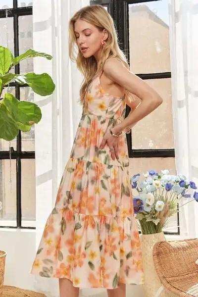 ADORA Smocked Back Floral Adjustable Strap Midi Dress - Trendsi - Flyclothing LLC