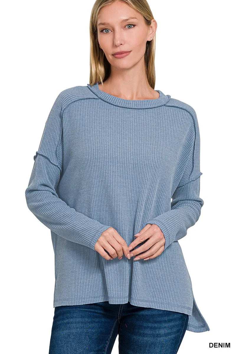 Zenana Ribbed Drop Shoulder Round Neck Sweater - Trendsi - Flyclothing LLC