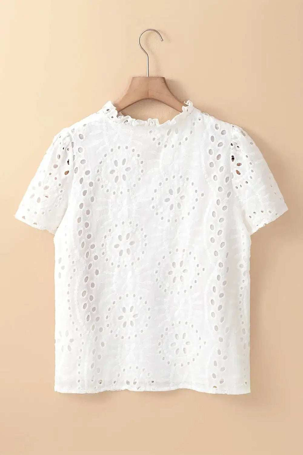Eyelet Frill Short Sleeve Blouse - Trendsi - Flyclothing LLC