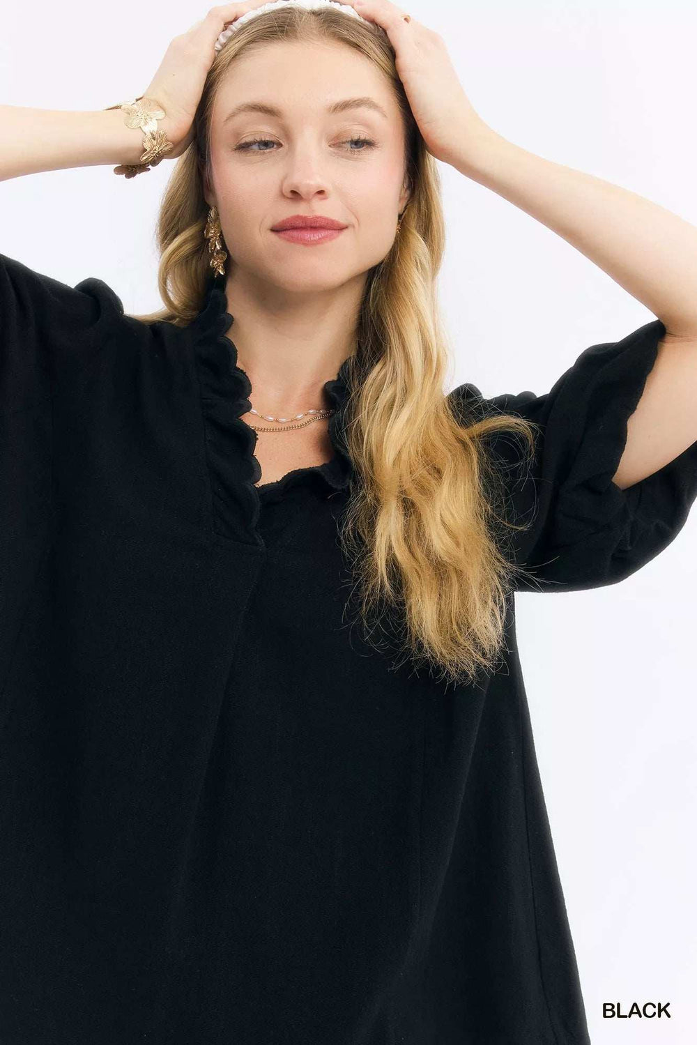 Umgee Linen Scallop Trim V-Neck Blouse - Trendsi - Flyclothing LLC