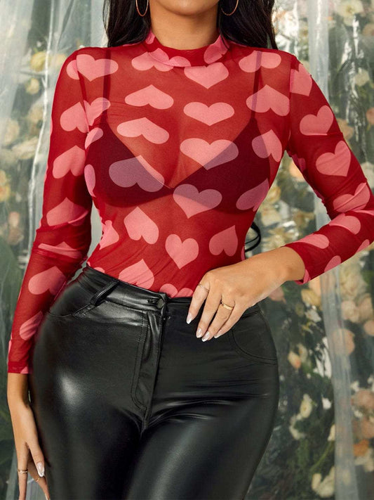 Heart Mock Neck Long Sleeve Sheer Top - Trendsi - Flyclothing LLC