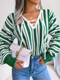 Striped Lace-Up Long Sleeve Sweater - Trendsi - Flyclothing LLC