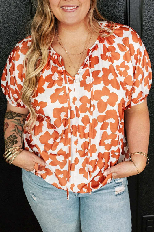 Plus Size Printed Tie Neck Short Sleeve Blouse - Trendsi - Flyclothing LLC