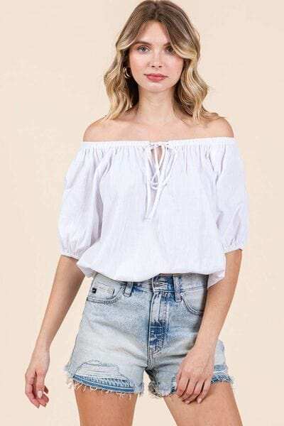 Mittoshop Linen Two-Way Short Sleeve Crop Blouse - Trendsi - Flyclothing LLC