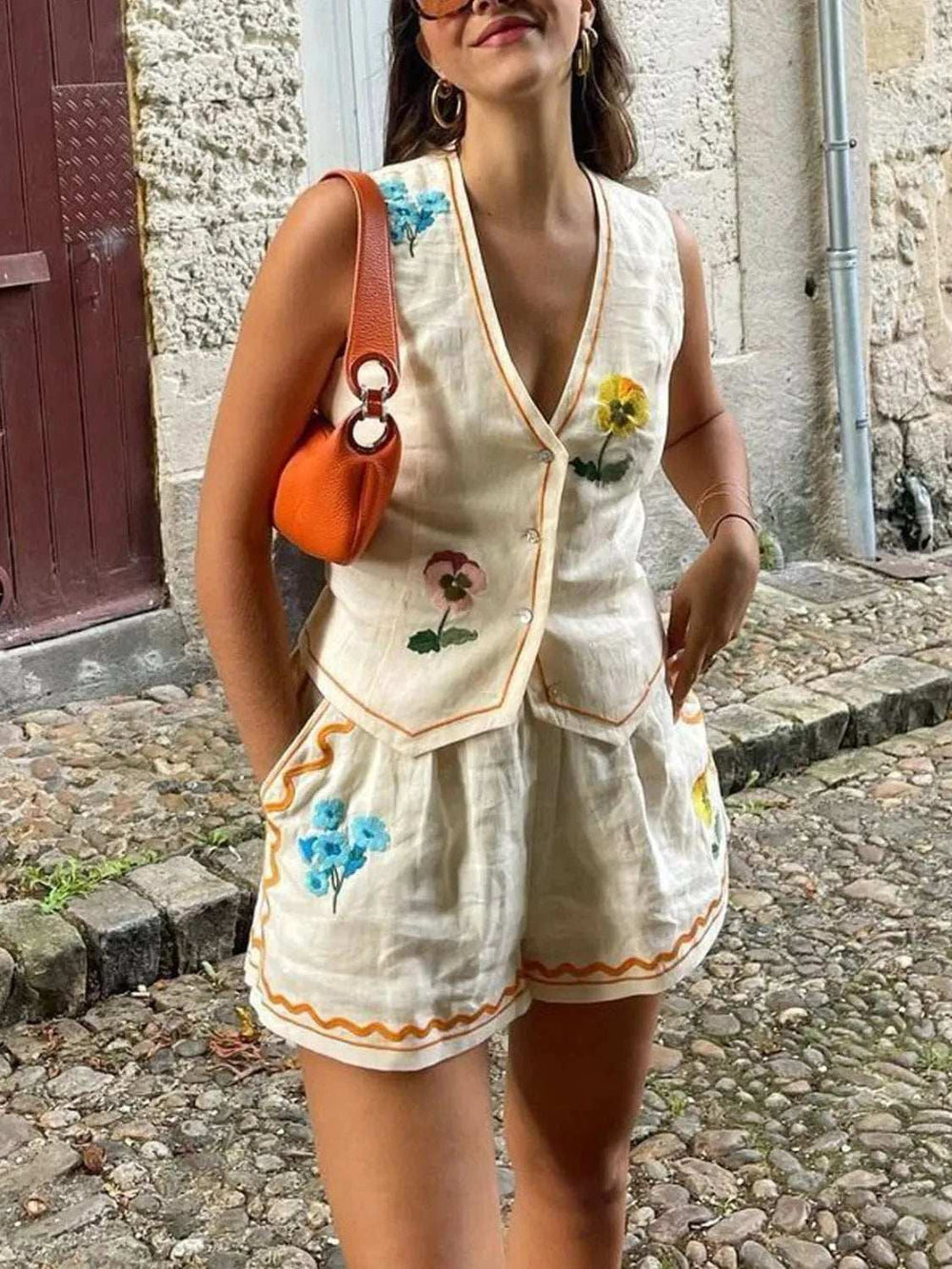 Embroidered V-Neck Vest and Shorts Set - Trendsi - Flyclothing LLC