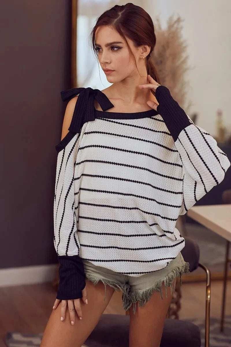 BiBi Stripe Yarn Dye Waffle One Shoulder Ribbon Detail Top - Trendsi - Flyclothing LLC