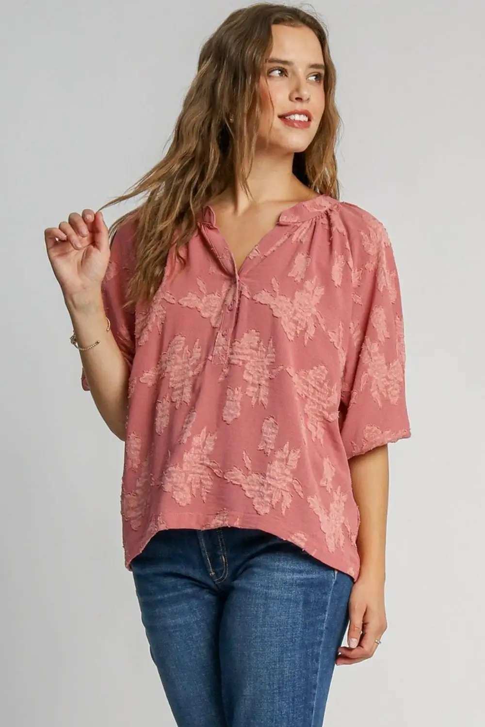 Umgee Full Size Notched Button Detail Half Sleeve Blouse Plus Size - Trendsi - Flyclothing LLC