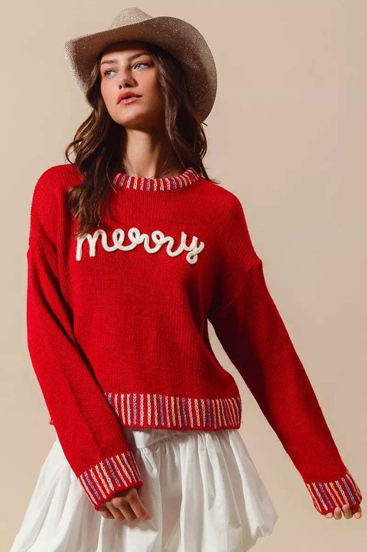 SO ME Merry Lettering Embroidered Christmas Sweater - Trendsi - Flyclothing LLC