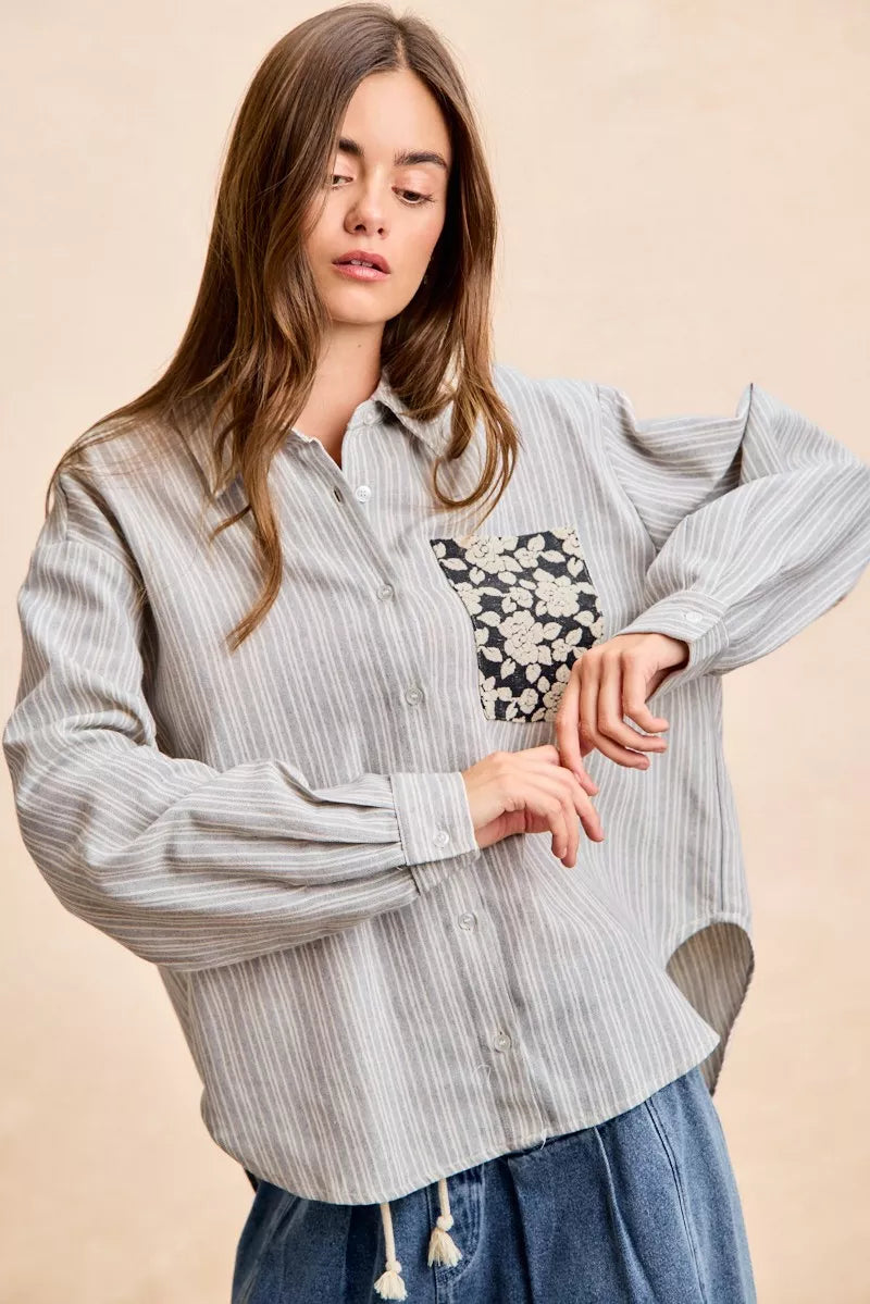BiBi Flower Jacquard Knit Patch Pocket Stripe Shirt - Trendsi - Flyclothing LLC