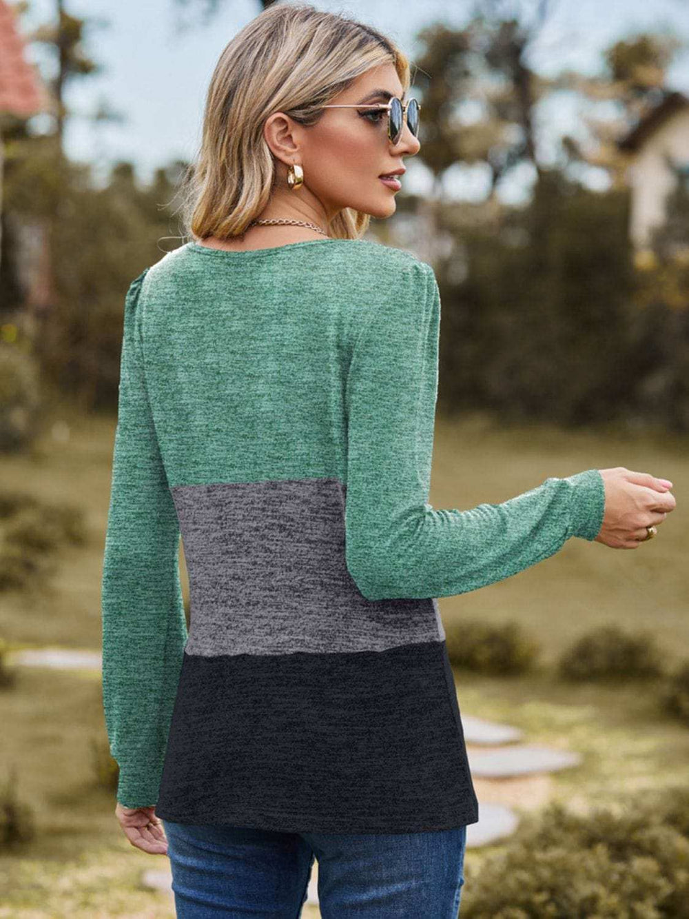 Color Block Square Neck Long Sleeve T-Shirt - Trendsi - Flyclothing LLC