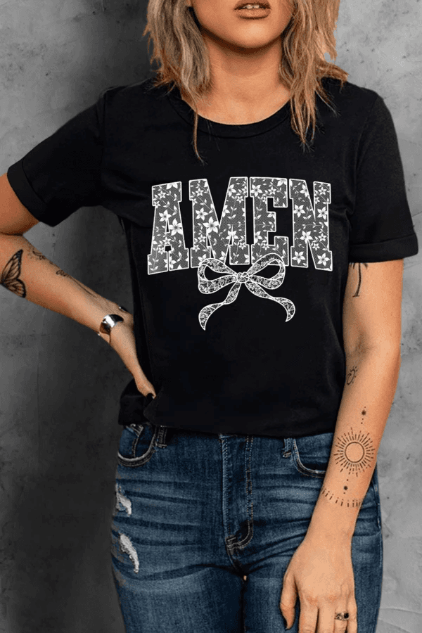AMEN Bow Round Neck Short Sleeve T Shirt - Trendsi - Flyclothing LLC