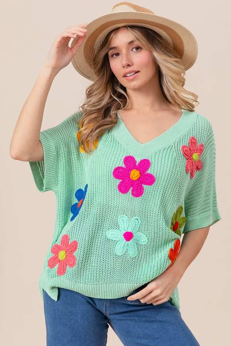 BiBi Flower Patches Dolman Sleeve Lightweight Sweater - Trendsi - Flyclothing LLC