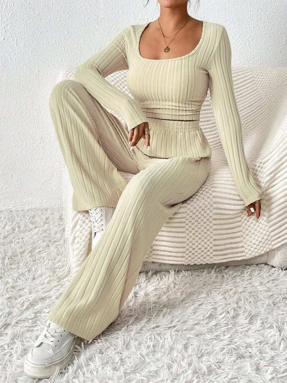 Scoop Neck Long Sleeve Top and Pants Set - Trendsi - Flyclothing LLC
