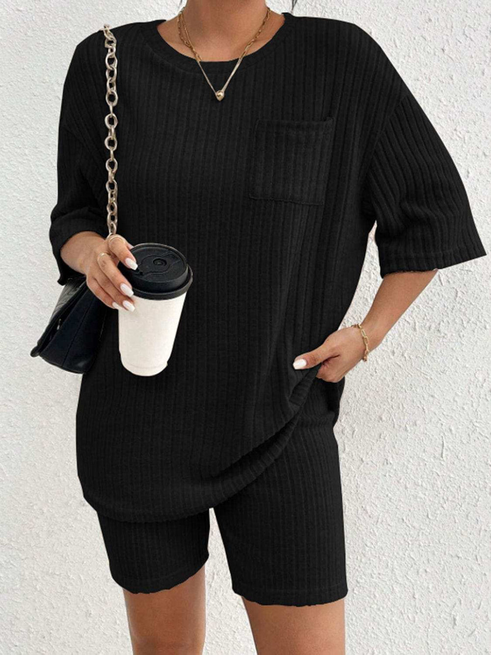 Ribbed Round Neck Top and Shorts Set - Trendsi - Flyclothing LLC