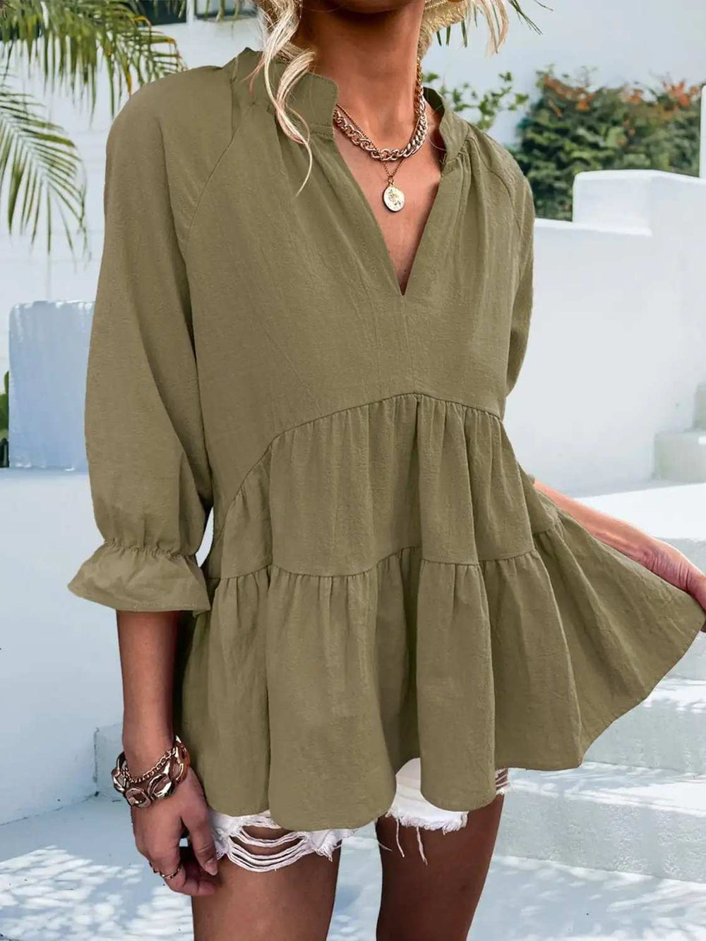 Ruffled Notched Three-Quarter Sleeve Blouse - Trendsi - Flyclothing LLC