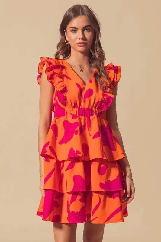SO ME Floral V Neck Layered Dress with Elasticized Waist - Trendsi - Flyclothing LLC