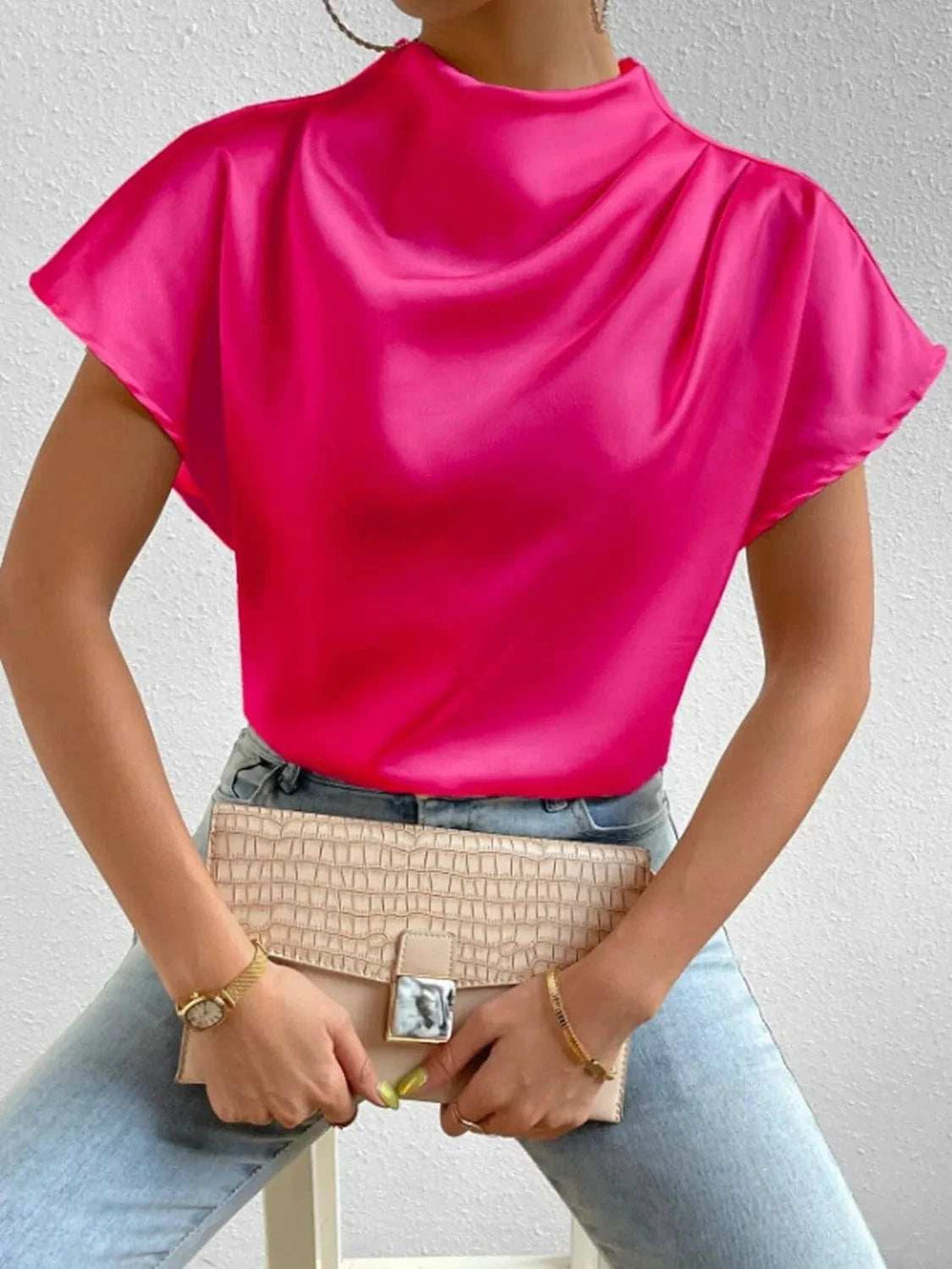 Mock Neck Short Sleeve Blouse - Trendsi - Flyclothing LLC