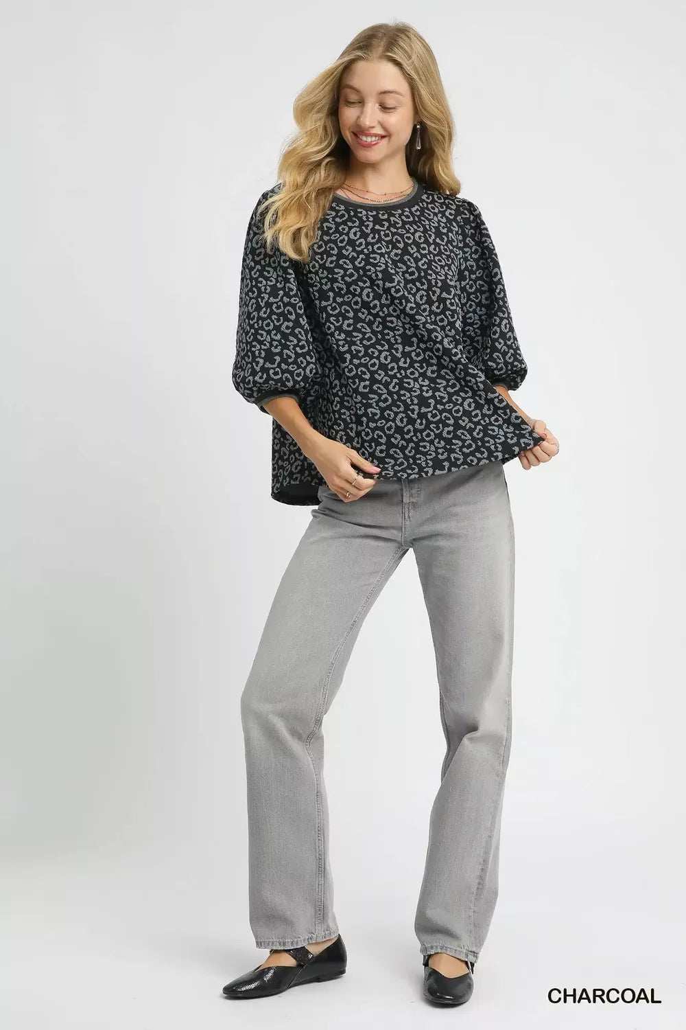 Umgee Leopard Print Jacquard Blouse with Puff Sleeves - Trendsi - Flyclothing LLC