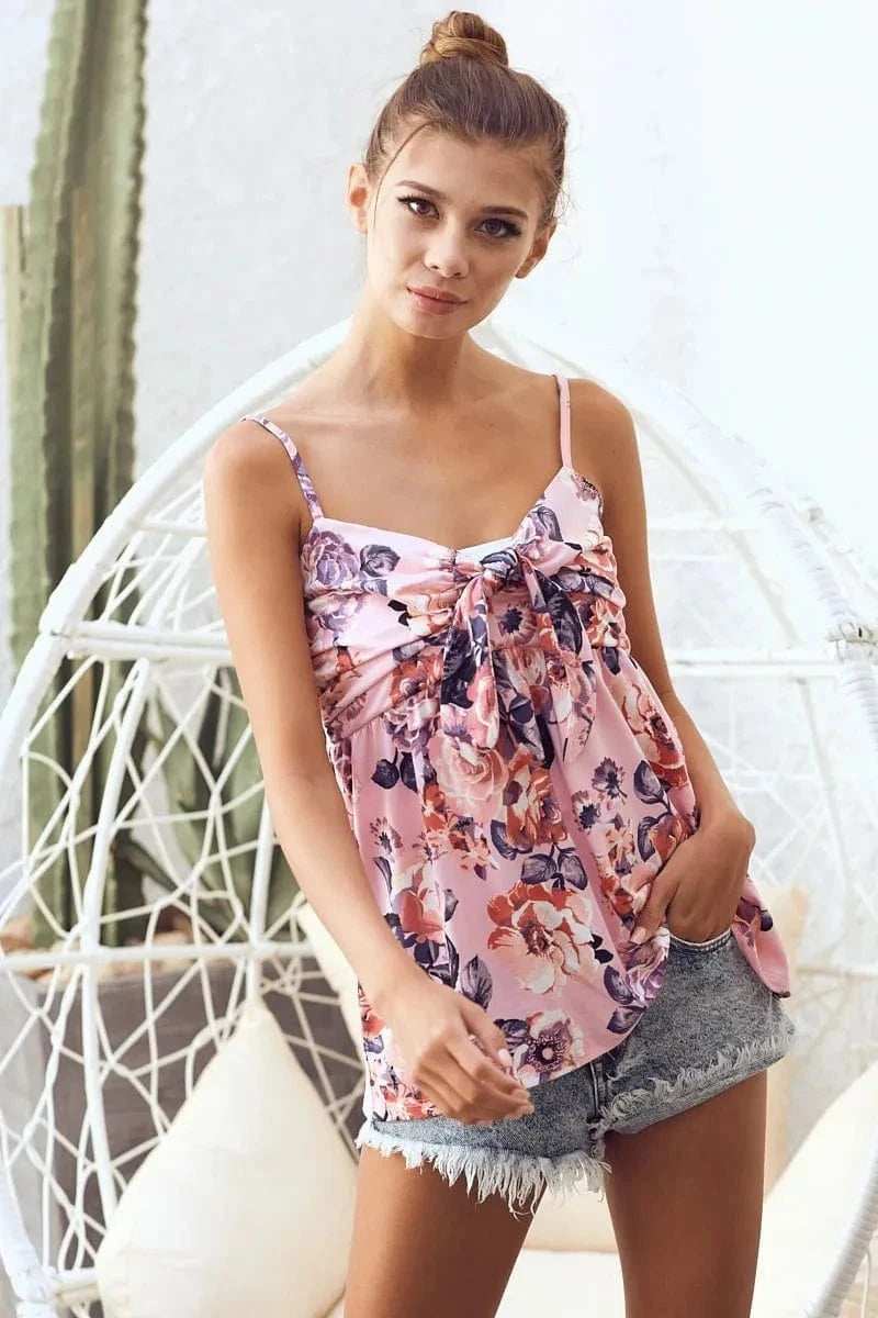 BiBi Floral Printed Jersey Knit with Tie Ribbon Front - Trendsi - Flyclothing LLC