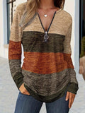 Color Block Quarter Zip Long Sleeve Blouse - Trendsi - Flyclothing LLC