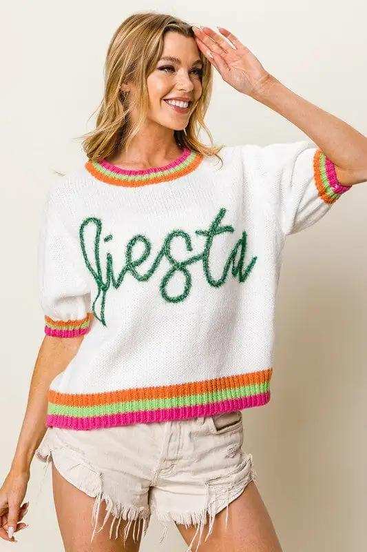 BiBi FIESTA Metallic Letter Short Puff Sleeve Sweater - Trendsi - Flyclothing LLC