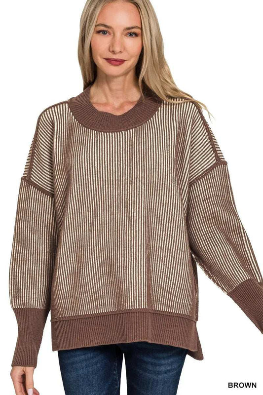 Zenana Exposed Seam Two Tone Ribbed Sweater - Trendsi - Flyclothing LLC
