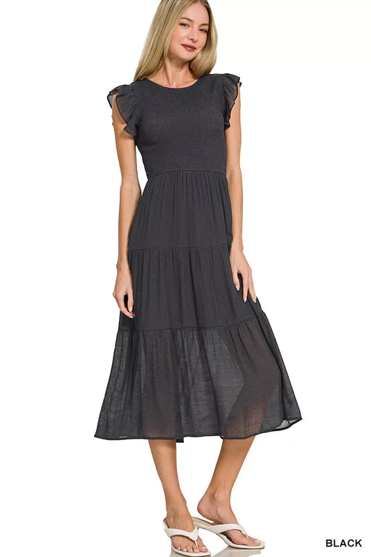 Zenana Woven Smocked Ruffle Sleeve Midi Dress - Trendsi - Flyclothing LLC