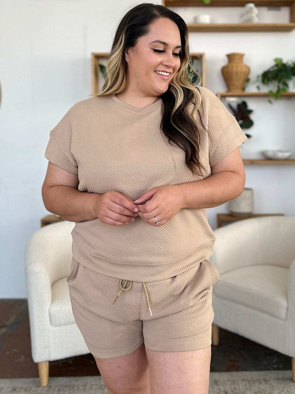 Double Take Full Size Texture Short Sleeve T-Shirt and Drawstring Shorts Set - Trendsi - Flyclothing LLC