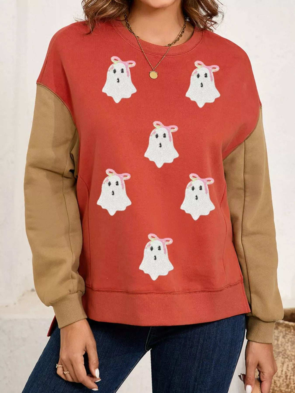 Halloween Glitter Ghost Patched Pattern Color Block Sweatshirt - Trendsi - Flyclothing LLC
