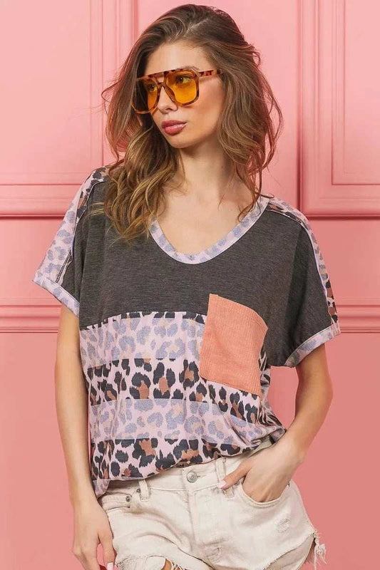 BiBi Leopard Stripe with Slub Terry Color Block T-Shirt - Trendsi - Flyclothing LLC