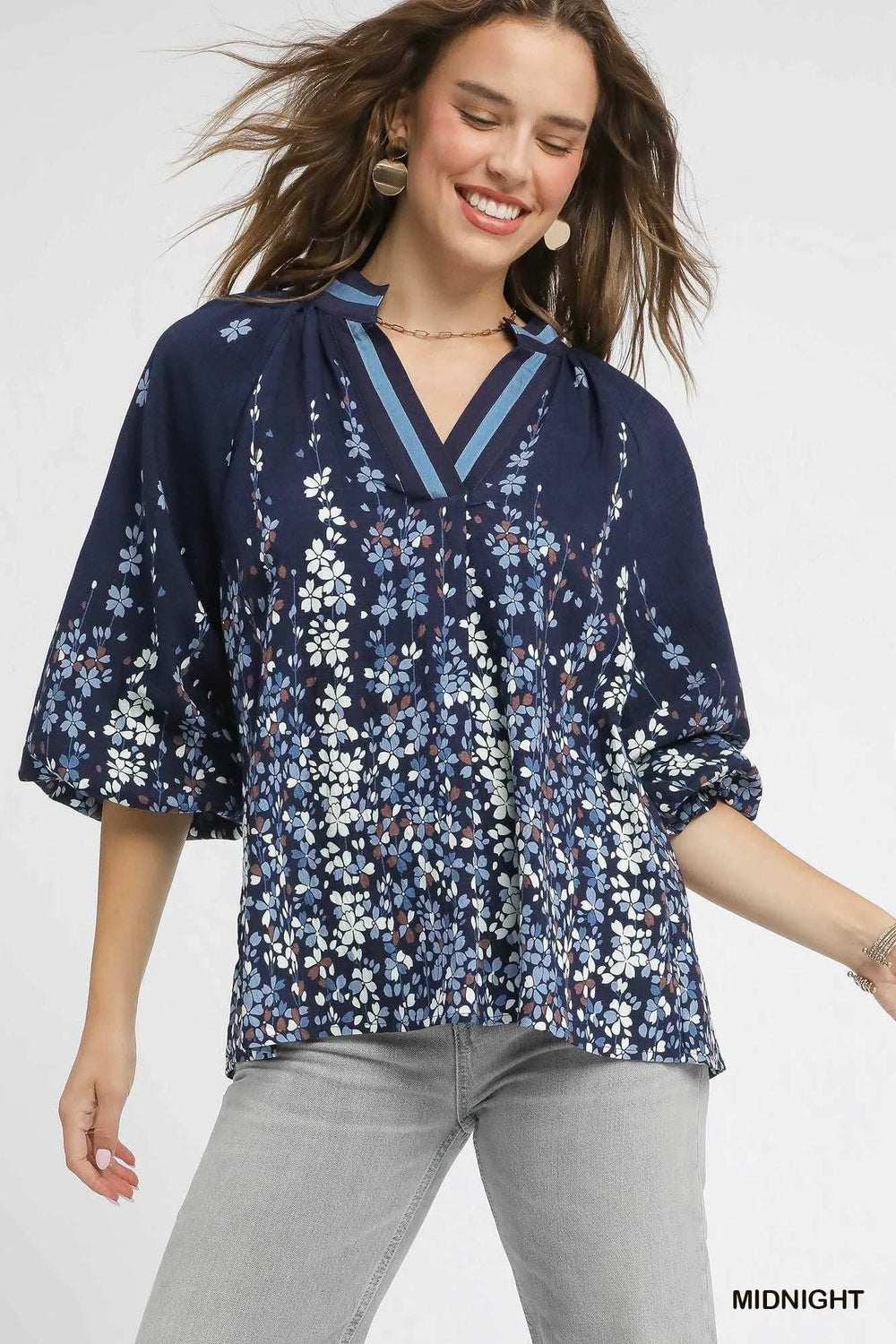 Umgee Full Size Floral Vine Print Blouse with Balloon Sleeves Plus Size - Trendsi - Flyclothing LLC